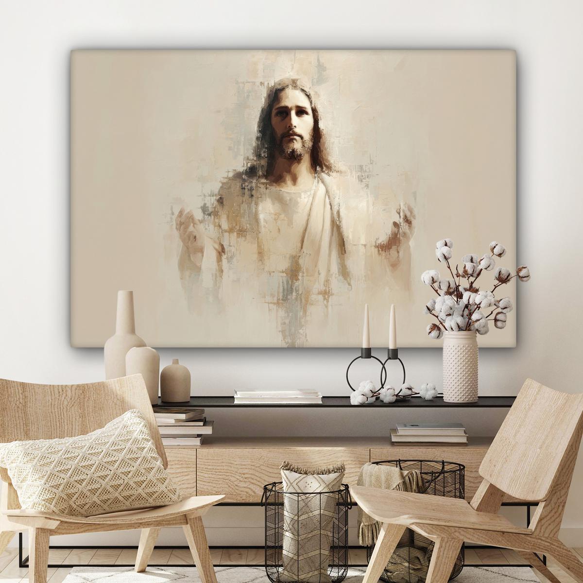 LEINWANDBILD Porträt - Abstrakt - Jesus - Beige XXL 150x100 cm - Beige, Textil (150/100cm) - MuchoWow