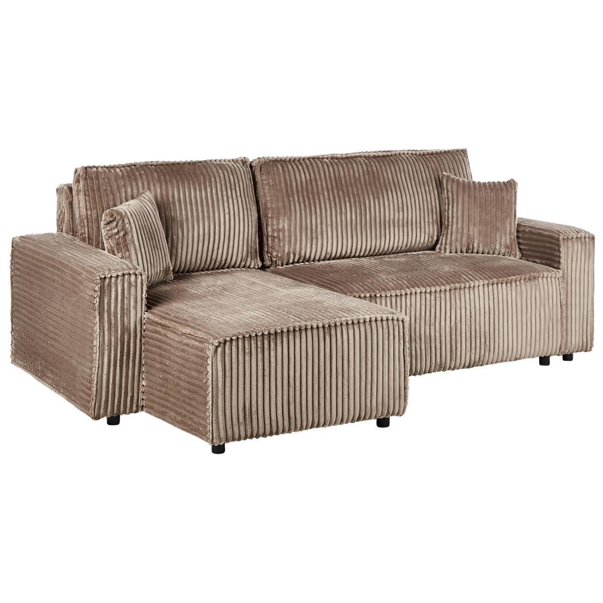 ECKSCHLAFSOFA 3-Sitzer Cord Hellbraun mit Stauraum rechtsseitig Abacka - Hellbraun, Textil (247/147cm) - Beliani