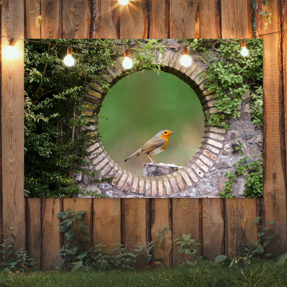 GARTENPOSTER Vogel - Durchblick - Rotkehlchen Poster für draußen 180x120 cm - Grün, Kunststoff (180/120/0.2cm) - OnlyWow