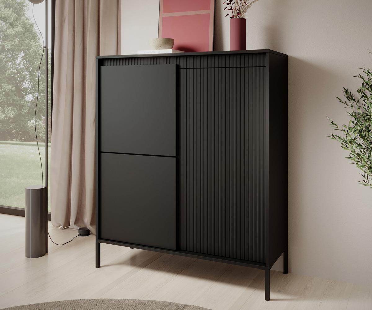HIGHBOARD Trentinis 3T Schwarz 103,5/123,4/39,5 cm – Geriffelten Fronten - Schwarz, Holzwerkstoff/Metall (103.5/123.4/39.5cm) - AX Living