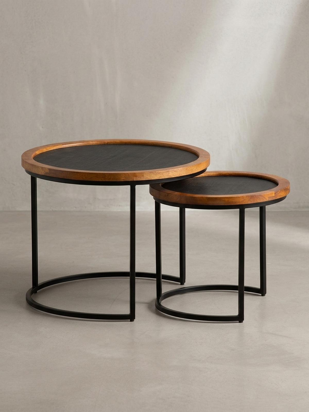 COUCHTISCH Set – 2-teilig Rund Mango Massivholz Steinoptik Metall Braun Anthrazit - Schwarz/Braun, Holz/Metall (60/60/46cm) - KADIMA DESIGN