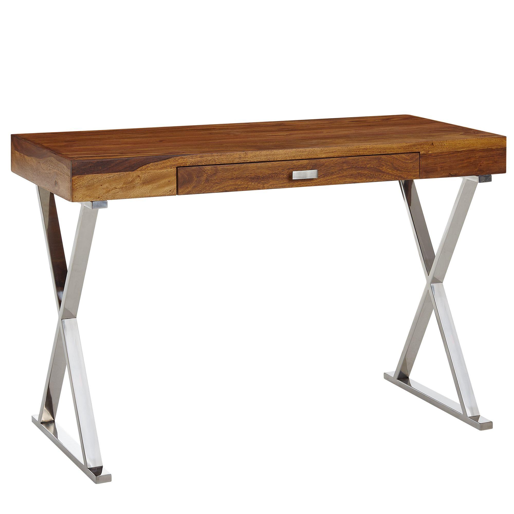 SCHREIBTISCH Massivholz X-Gestell Schublade, Silber 120x55x78 cm - Silberfarben, Holz/Metall (55/120/78cm) - KADIMA DESIGN