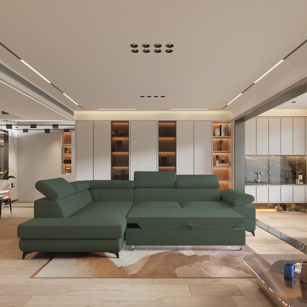 ECKSOFA FAVIEN L-S Grün Boucle-Stoff mit Schlaffunktion - Grün, Holz (257/190cm) - MASSENO