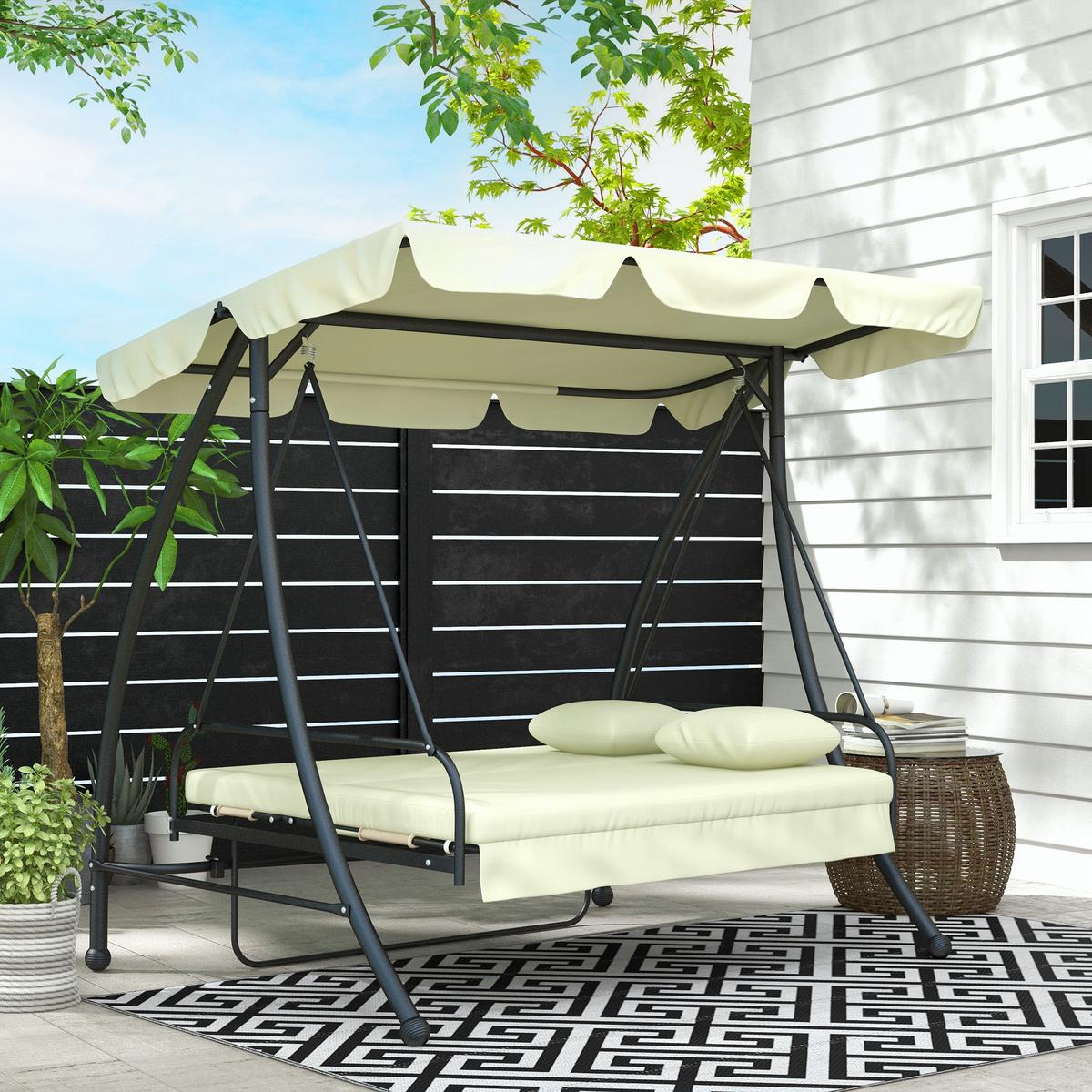 HOLLYWOODSCHAUKEL 2 in 1 mit Liegefunktion 3-Sitzer Gartenschaukel Cremeweiß - Creme, Metall (125/170/210cm) - Outsunny
