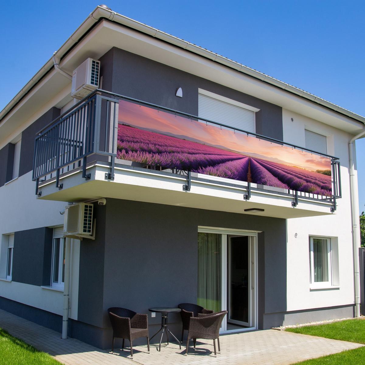 BALKON-SICHTSCHUTZ Lavendelfeld - Sonnenuntergang - Lila - Blumen Deko XXL 500x110 cm - Violett, Kunststoff (500/110cm) - MuchoWow
