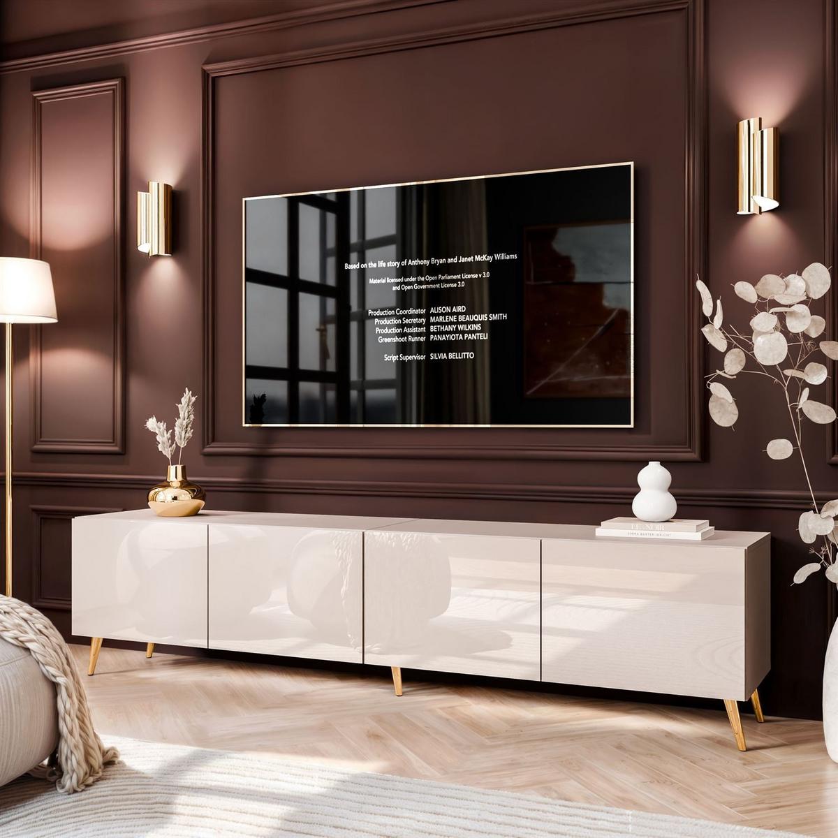 TV-SCHRANK COLGANTE 200 Kaschmir Hochglanz, mit LED, Schräge goldene Füßen - Kaschmir/Goldfarben, Holzwerkstoff (200/49/40cm) - Lookway