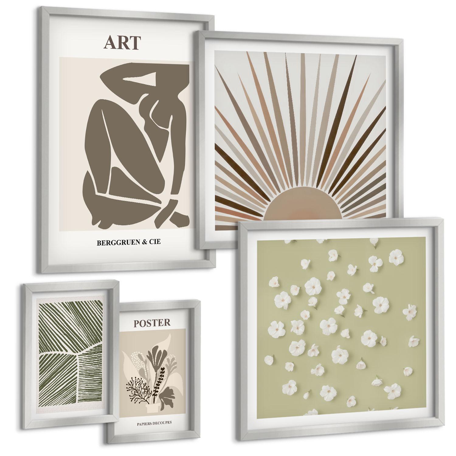 BILDER SET 5er Set - 50x50 cm & 20x30 cm & 40x60 cm Silberner Rahmen - Pflanzenmotive in gedeckten Farben - Silberfarben, Kunststoff (40/60cm) - TULUP