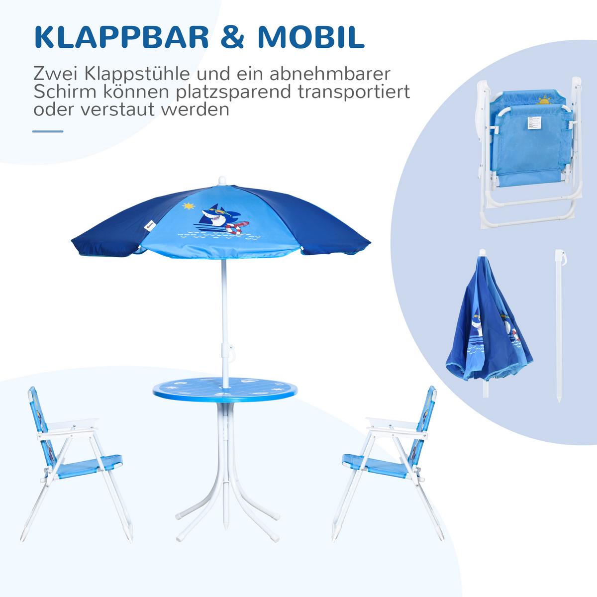 4 tlg. Kindersitzgruppe Garten 2 Klappstühle Sonnenschirm 3-6 Jahre Blau - Blau, Metall - Outsunny