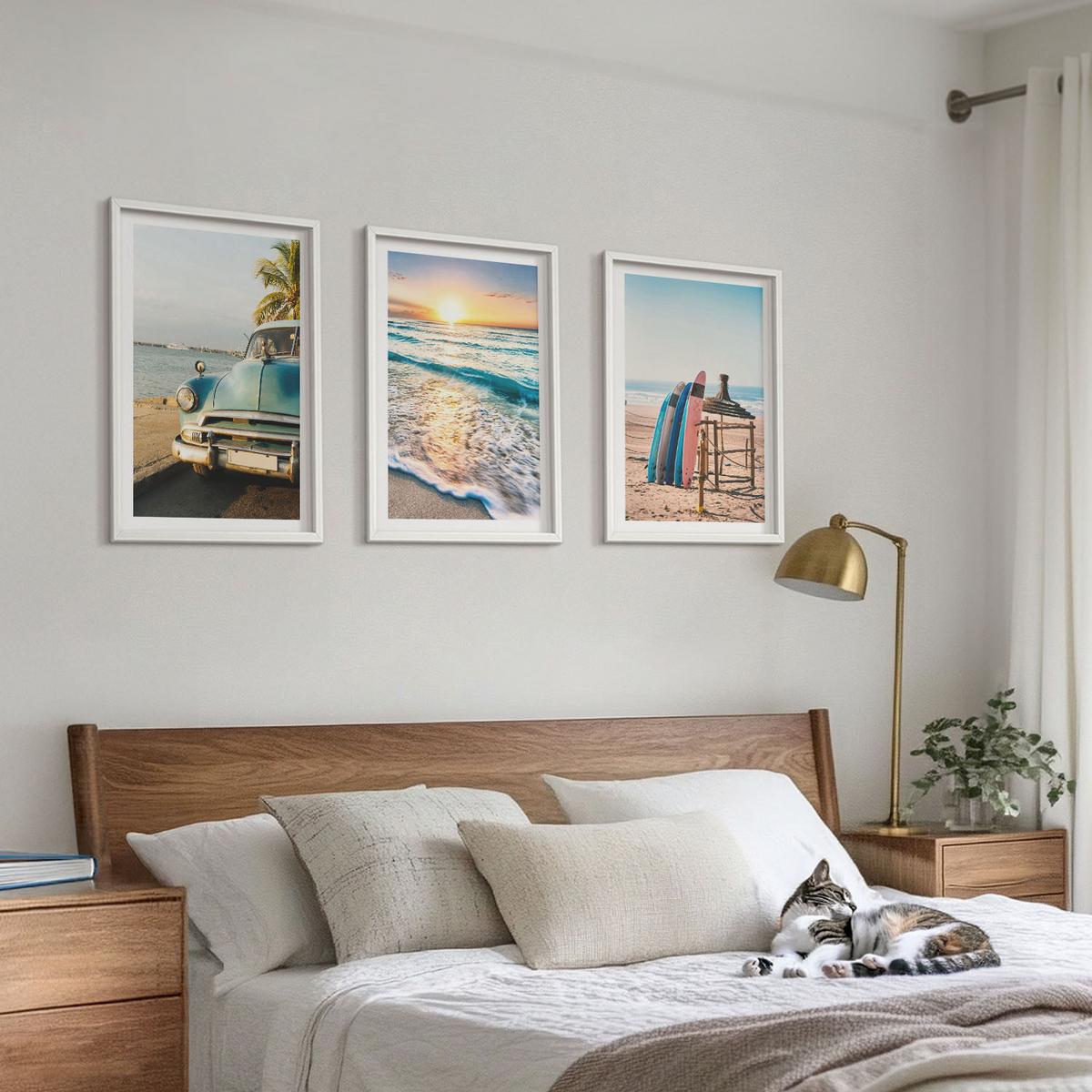 BILDER SET 3er Set - 40x60 cm Weißer Rahmen - Sonnenuntergangsurlaub in Miami - Weiß, Kunststoff (40/60cm) - TULUP