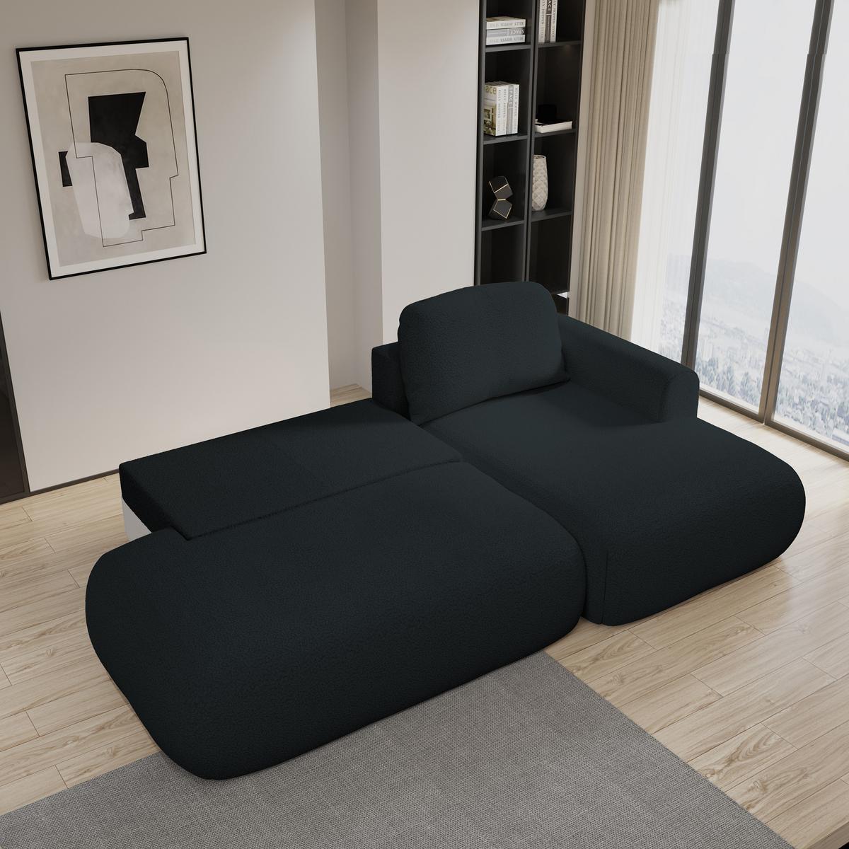 ECKSOFA NUVIRA R-S Schwarz Boucle-Stoff mit Schlaffunktion - Schwarz, Holz (279/158cm) - MASSENO