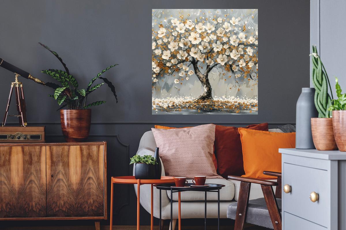 WANDTATTOO Baum - Blumen - Weiß - Natur - Kunst Wanddeko 50x50 cm - Weiß, Kunststoff (50/50/0.1cm) - MuchoWow