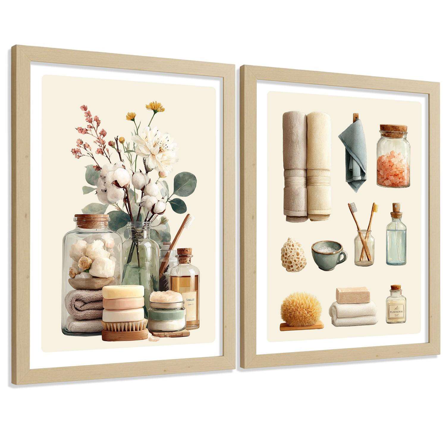 POSTER 2er-Set dekorative Kunstdrucke im für minimalistische Bilder mit Blumen Zen-Poster für entspannende Badezimmer- Leichter Holzrahmen A3 - Beige, Papier (42/29.7/3cm) - Nacnic