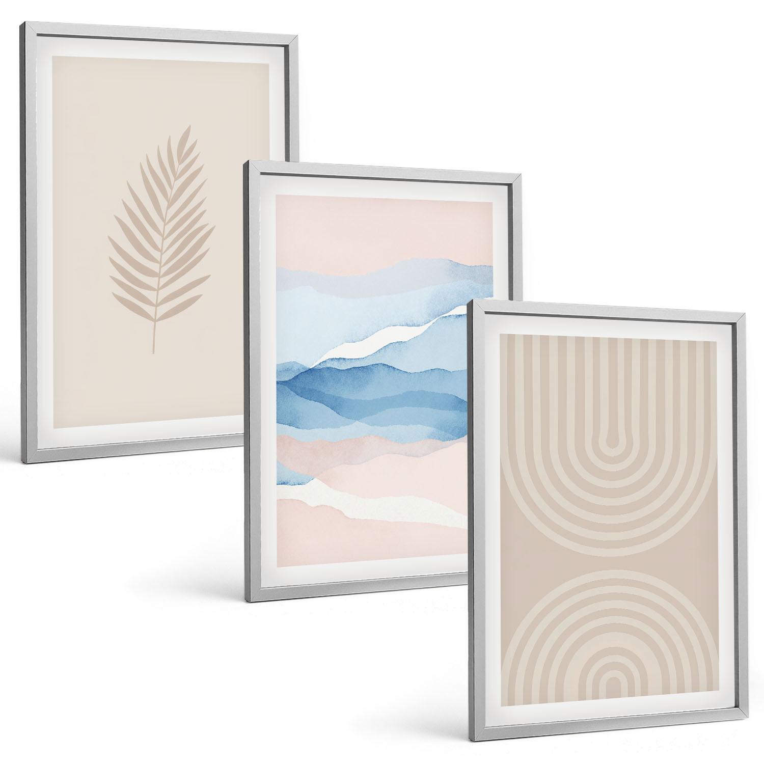 BILDER SET 3er Set - 40x60 cm Silberner Rahmen - Blätterwellen beige blau - Silberfarben, Kunststoff (40/60cm) - TULUP