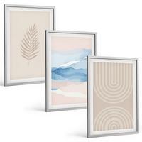 BILDER SET 3er Set - 40x60 cm Silberner Rahmen - Blätterwellen beige blau - Silberfarben, Kunststoff (40/60cm) - TULUP