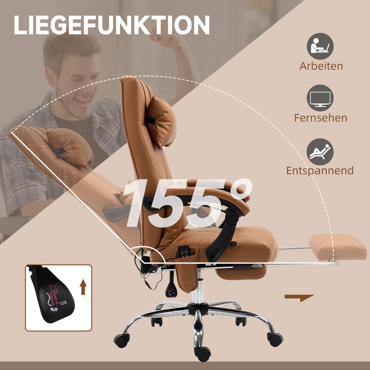 BÜROSTUHL mit Massagefunktion, Ergonomisch Schreibtischstuhl mit Liegefunktion - Braun, Leder (67/122/66cm) - Vinsetto