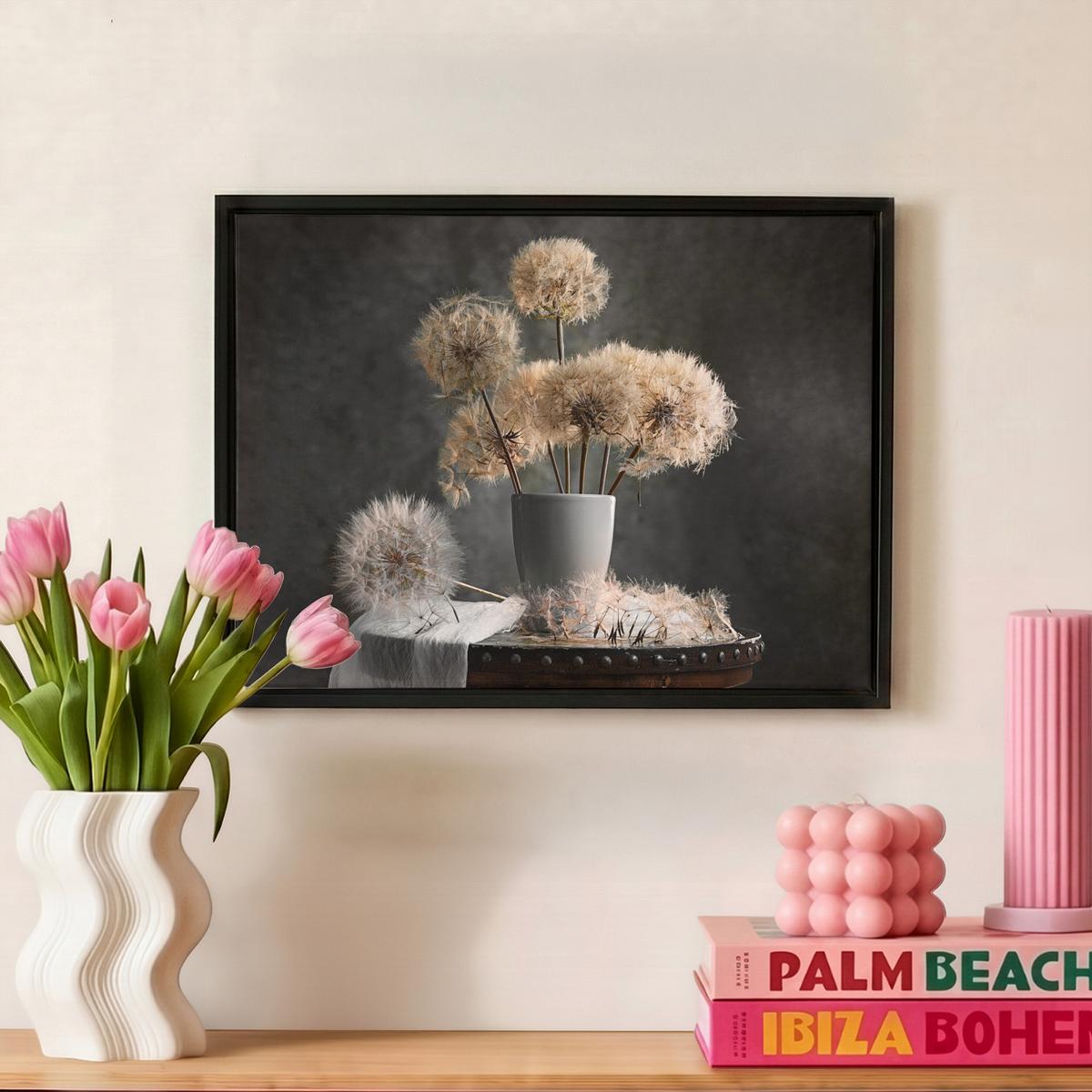 LEINWAND Bilder mit Rahmen - Blumensamen - Löwenzahn - Vase - Stilleben - Blumenstrauß - 40x30 - Dunkelgrau, Textil (40/30cm) - MuchoWow