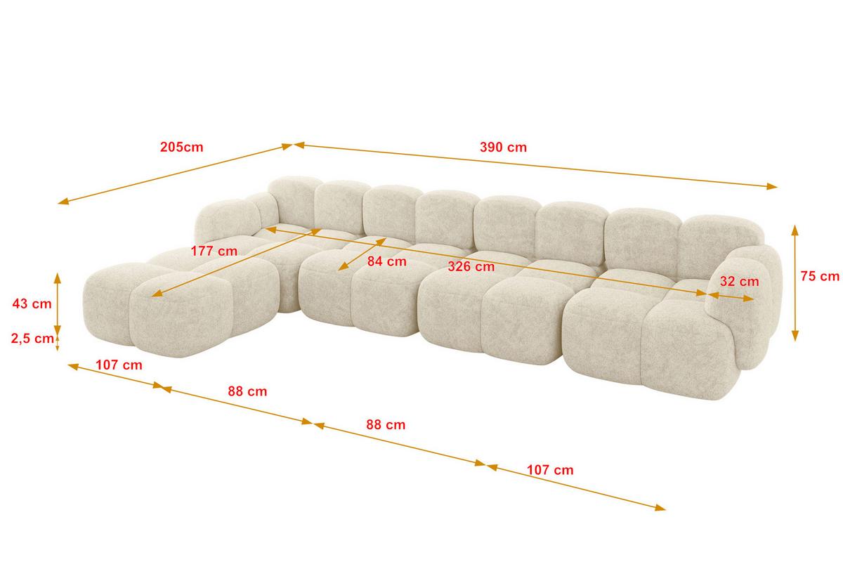 ECKSOFA modulares Sofa Links Miko-L3 390x205x75 Creme Velours - Creme/Schwarz, Holzwerkstoff/Kunststoff (390/205cm) - ALTDECOR
