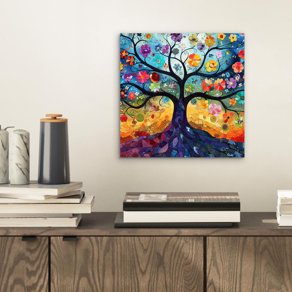 METALLBILD Kunst - Baum des Lebens - Blumen - Hippie 20x20 cm - Dunkelblau, Metall (20/20cm) - MuchoWow