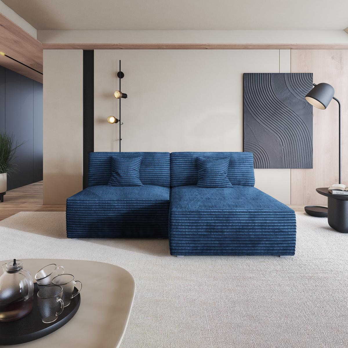ECKSOFA FIORO Blau Kordstoff mit Schlaffunktion - Blau, Holz (204/148cm) - MASSENO