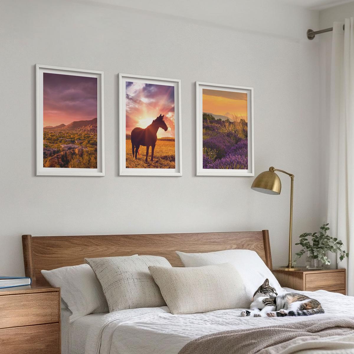 BILDER SET 3er Set - 40x60 cm Weißer Rahmen - Berglandschaft mit einem Pferd - Weiß, Kunststoff (40/60cm) - TULUP