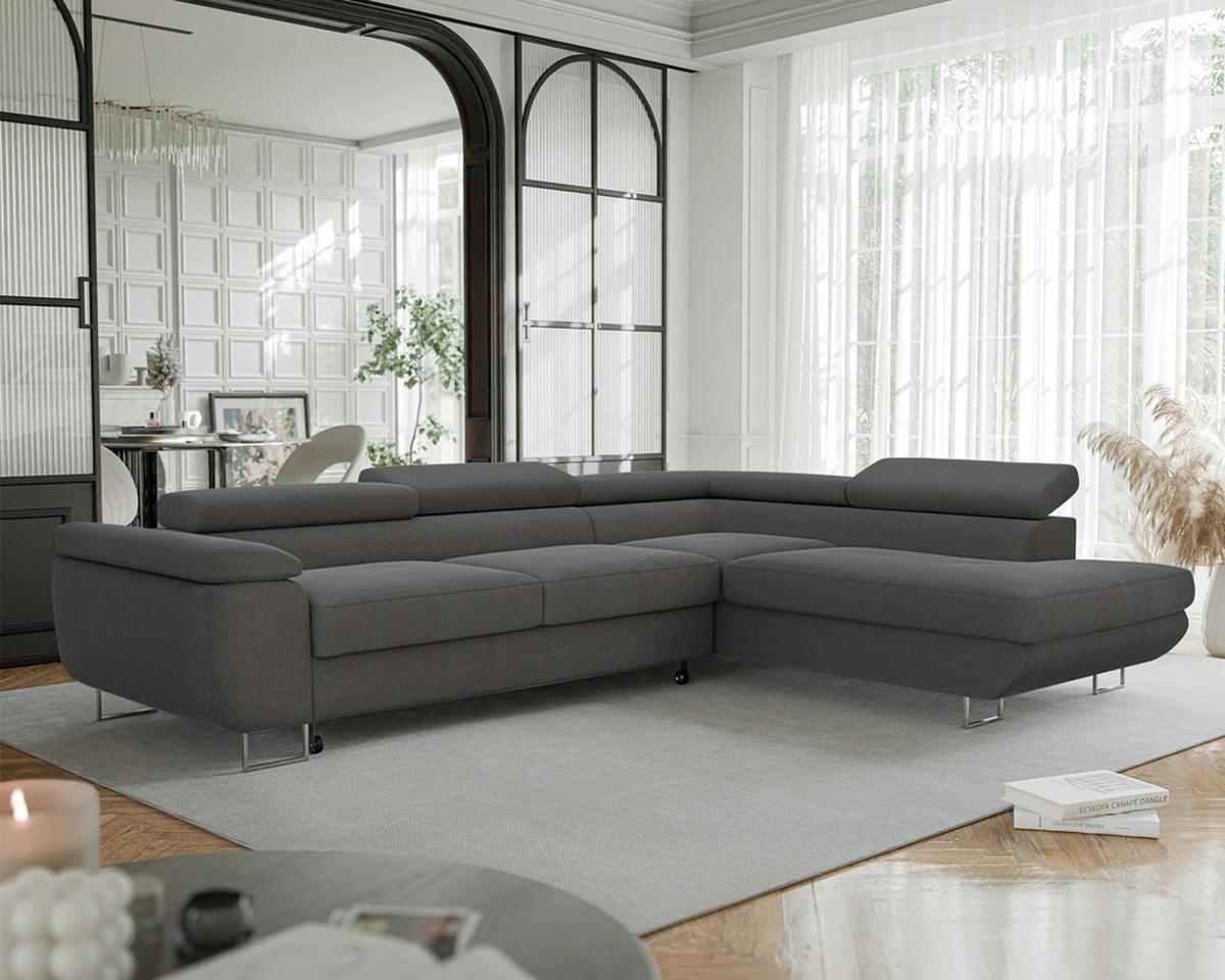 ECKSOFA ANTON rechts, mit Schlaffunktion und Bettkasten Anthrazit - Chromfarben/Anthrazit, Textil/Metall (274/203cm) - Idohome