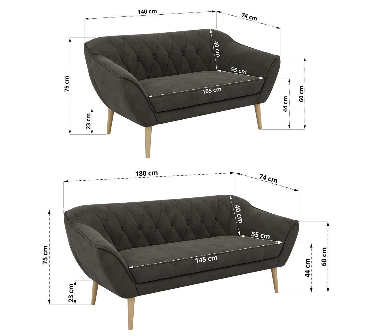 SITZGARNITUR PIRS 3+2 - Dunkelgrau Velvet - Holzbeine - Dunkelgrau/Buchefarben, Holzwerkstoff/Textil (180/75/74cm) - MKS