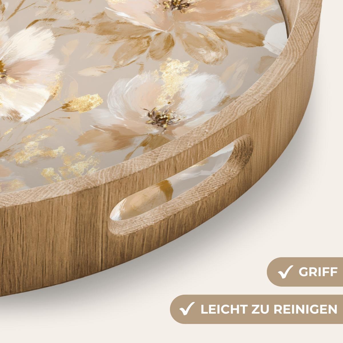 TABLETT Blumen - künstlerisch - Gold 50x50 cm - Beige, Holz (50/5/5cm) - OnlyWow
