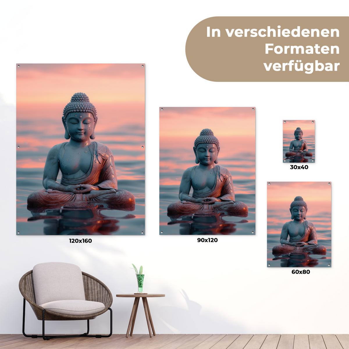 GARTENPOSTER Buddha - Statue - Buddha - Wasser - Kunst - Buddha Gartendekoration 120x160 cm - Blaugrau, Kunststoff (120/160/0.2cm) - OnlyWow