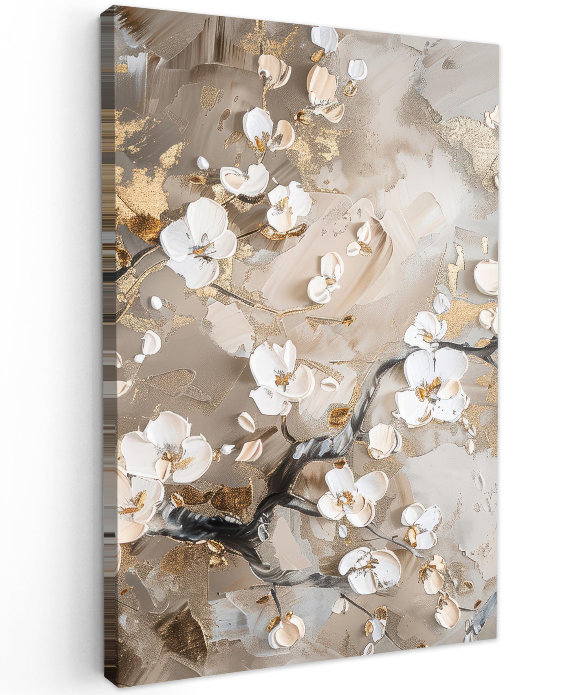 LEINWANDBILD Blumen - Weiß - Gold - Beige - Luxus Wanddeko Schlafzimmer 60x90 cm - Greige, Textil (60/90cm) - MuchoWow