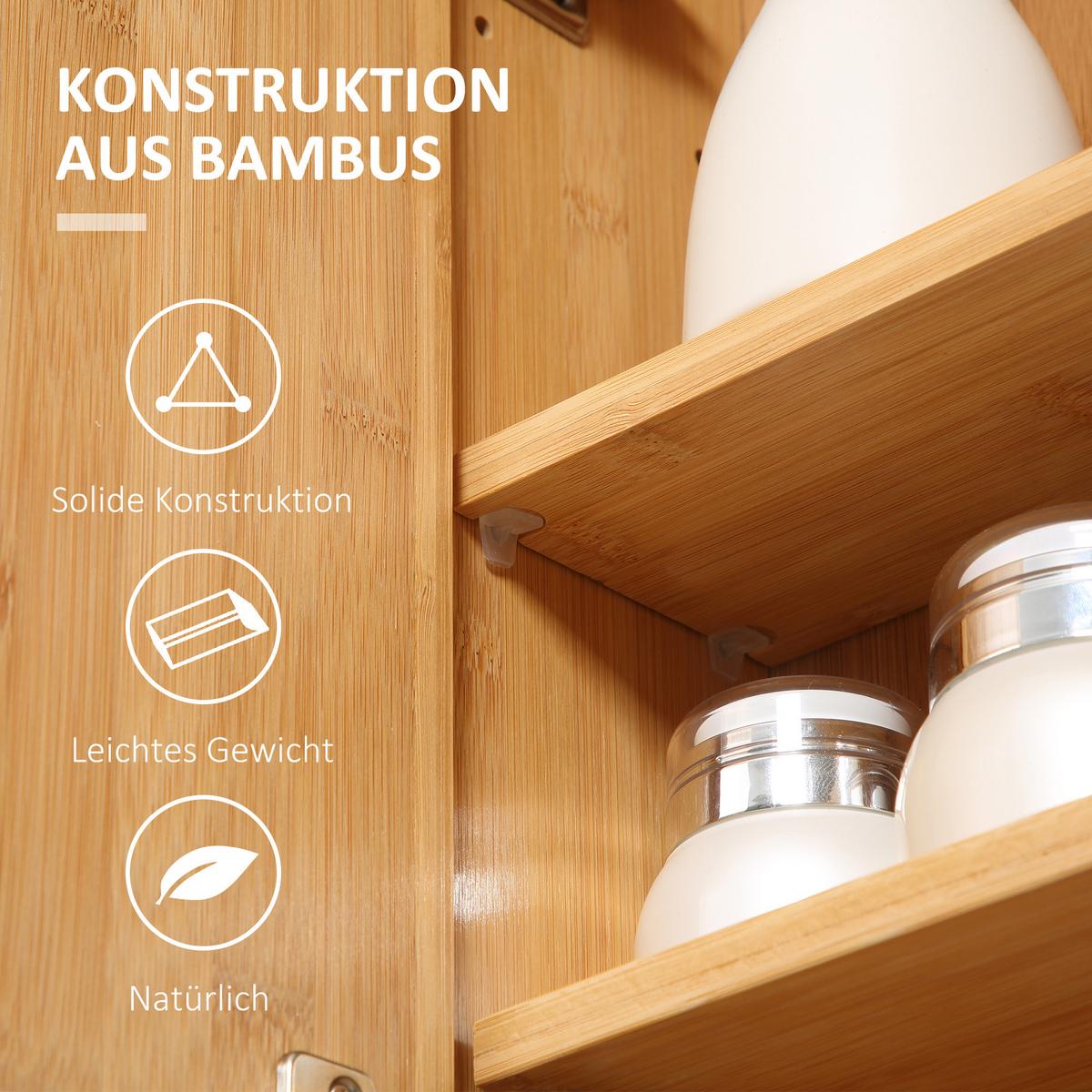 SPIEGELSCHRANK mit 3 Innenböden, Doppeltür, Bambus, Natur, 65,2 x 14 x 50 cm - Naturfarben, Glas (65.2/50/14cm) - Kleankin