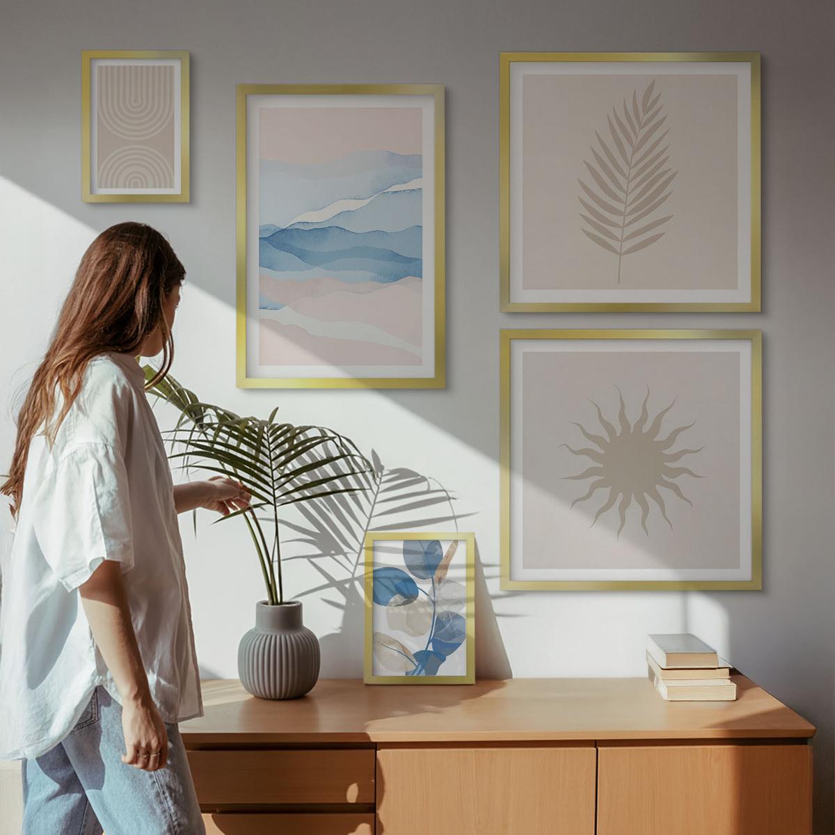 BILDER SET 5er Set - 50x50 cm & 20x30 cm & 40x60 cm Goldrahmen - Abstrakte Linien der Sonnenwellen - Goldfarben, Kunststoff (40/60cm) - TULUP