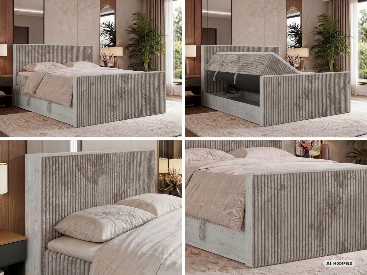 BOXSPRINGBETT NORDIC KING DUO 140/200 - Hellbraun Cord - Topper Visco - H3 - Hellbraun/Schwarz, Kunststoff/Textil (140/200cm) - MKS