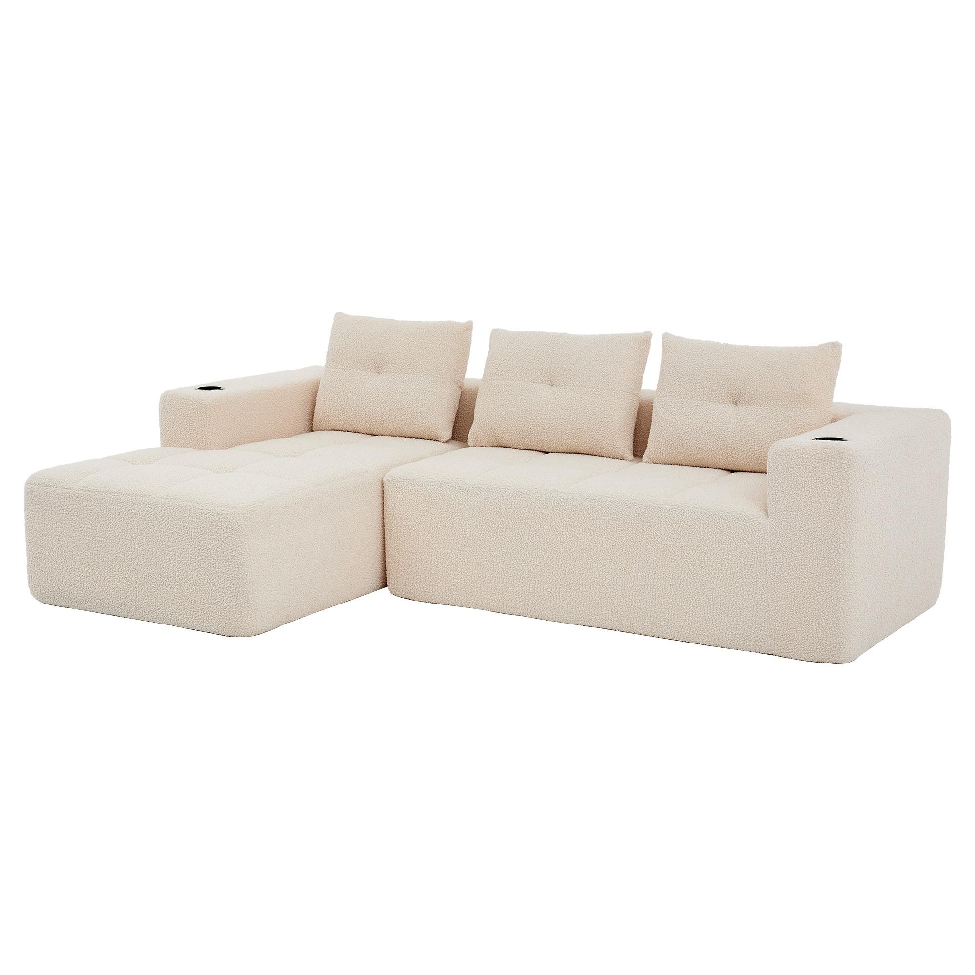 ECKSOFA chenille L-form mit getränkehaltern & 3 kissen - Beige, Textil (258/163cm) - Urban Meuble