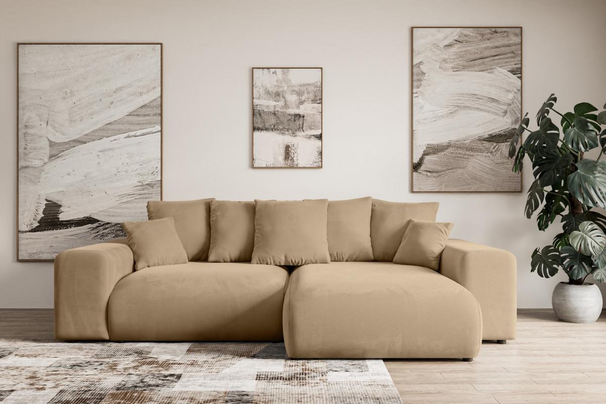 ECKSOFA Ottomane rechts ESKAR-L 266x176x72 Beige Velours - Beige/Schwarz, Holzwerkstoff/Kunststoff (176/266cm) - ALTDECOR