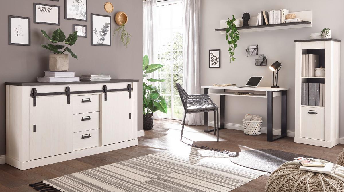 AKTENSCHRANK weiß Pinie, anthrazit Landhaus, Sideboard 162 cm mit Soft-Close - Anthrazit/Weiß, Holzwerkstoff/Metall (162/91/43cm) - Furn.Design