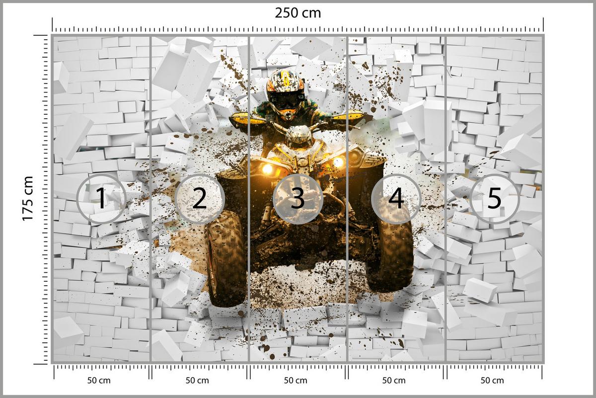 FOTOTAPETE für Büro Schlammbedecktes Quad Durchbricht Backsteinmauer 250x175 - Gelb/Beige, Papier (250/175cm) - Muralo