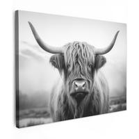 LEINWANDBILD Schottischer Highlander - Nebel - Schwarz - Weiß Wandbilder 80x60 cm - Grau, Textil (80/60cm) - MuchoWow