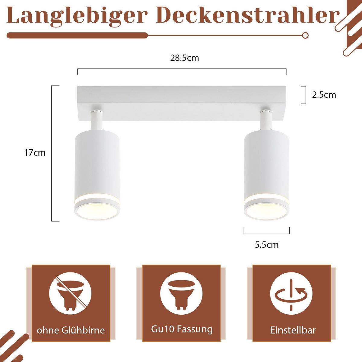 DECKENSTRAHLER Taunus 2-flammig 28.5/5/17 cm - Weiß, Metall (28.5/5/17cm) - Nettlife