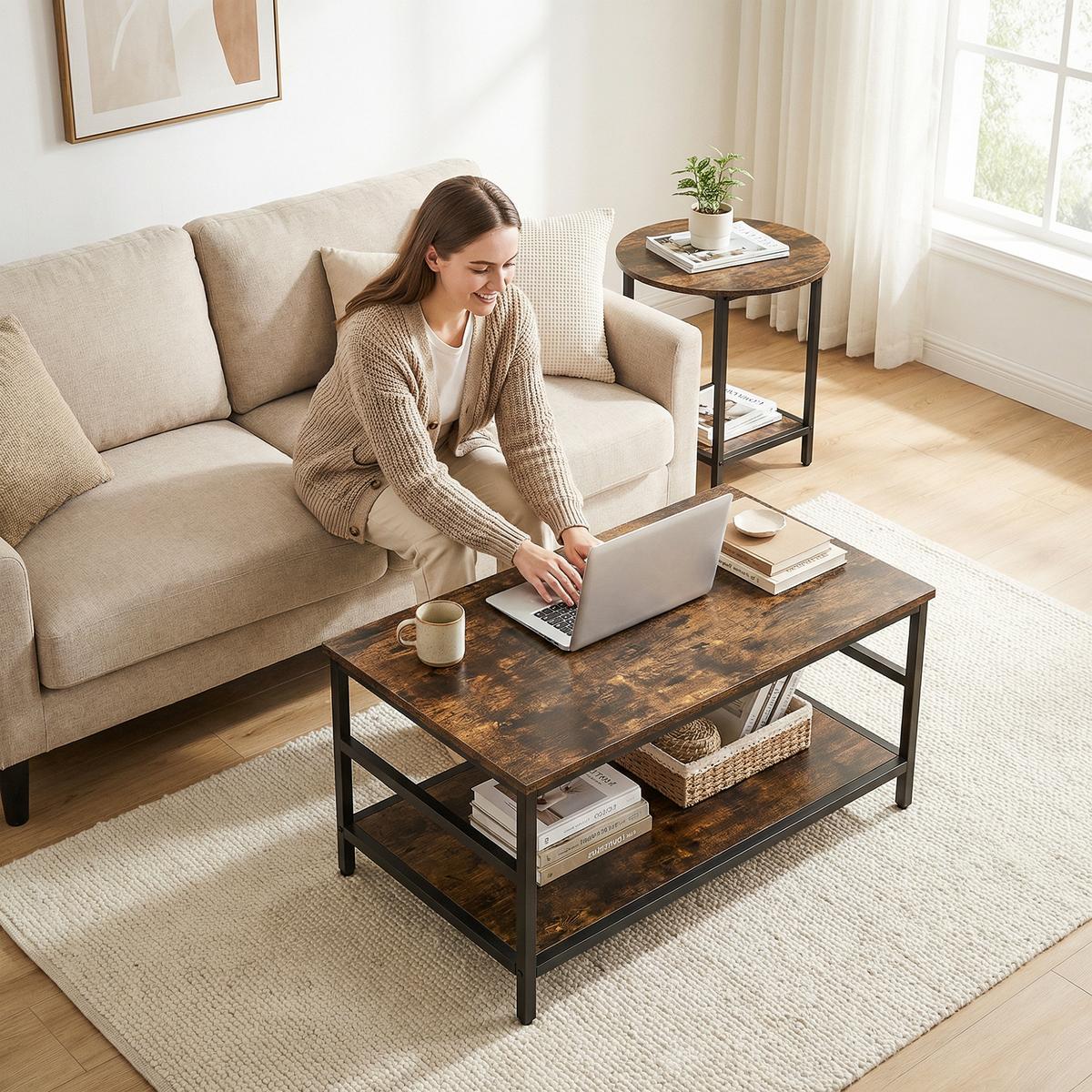 COUCHTISCH 2er Set Stahl Holzwerkstoff Rustikal-Braun - Schwarz/Braun, Holzwerkstoff (80/54/41cm) - HOMCOM