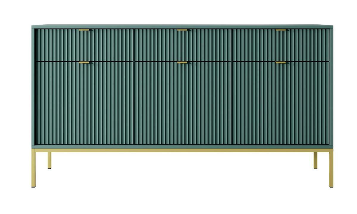 SIDEBOARD Eternas 3T 3S Grün 154/83/39 cm – goldene Füße, mit geriffelten Fronten - Goldfarben/Grün, Holzwerkstoff (154/83/39cm) - AX Living