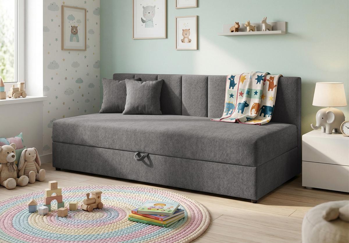 TAGESBETT Lenny mit Rückenlehne und großem Bettkasten aus Grau Chenille-Stoff - Schwarz/Grau, Holz/Kunststoff (90/200cm) - S-Style Möbel