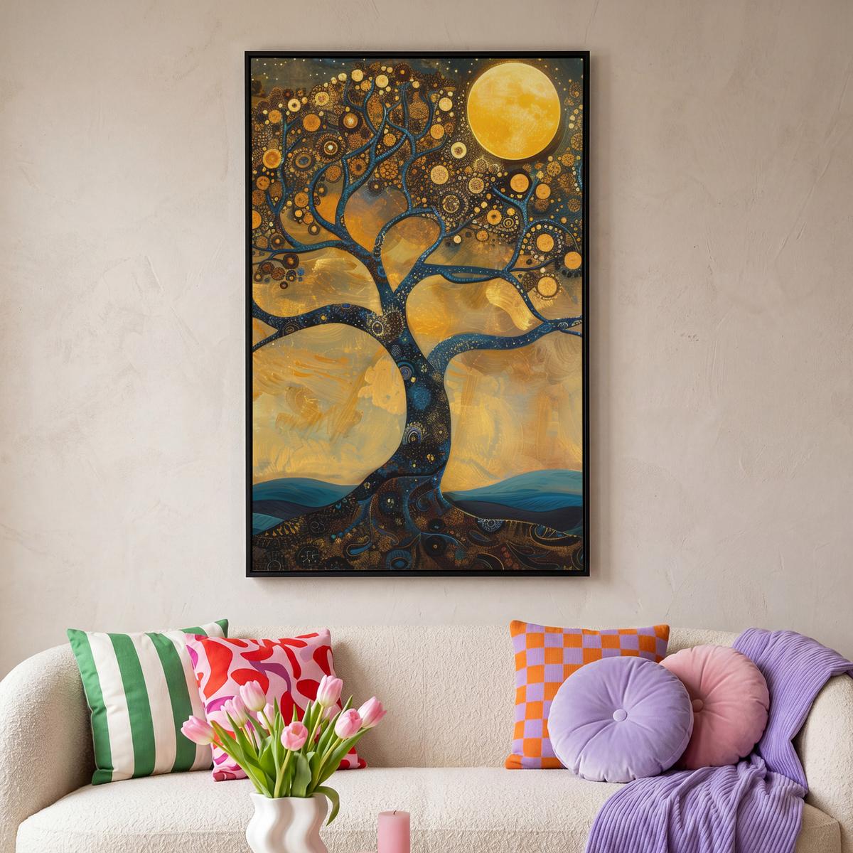 LEINWAND Bilder mit Rahmen - Baum - Mond - Blumen - Gold - Kunst - 90x140 - Orange, Textil (90/140cm) - MuchoWow