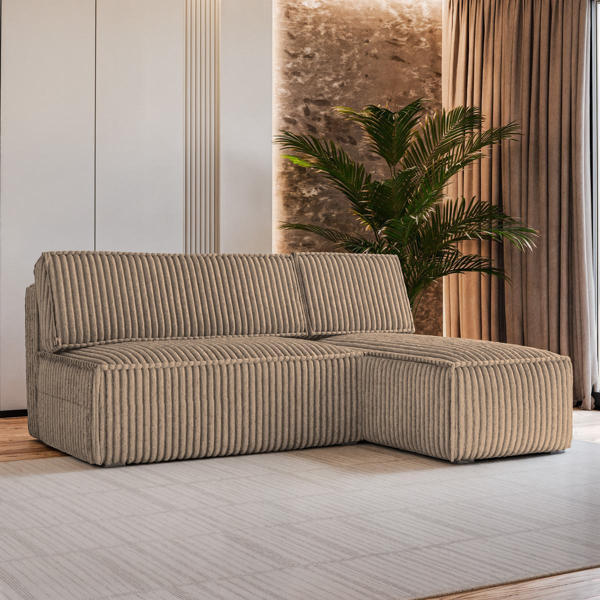 ECKSOFA BRISO T Beige Kordstoff mit Schlaffunktion - Beige/Grau, Holz/Kunststoff (200/140cm) - MASSENO