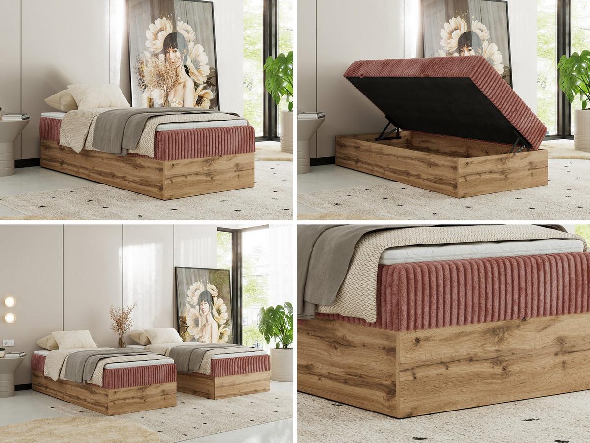 BOXBETT WOOD ZERO 90/200 - Rosa Cord - H3 - Topper Visco - Rosa, Textil (90/200cm) - MKS