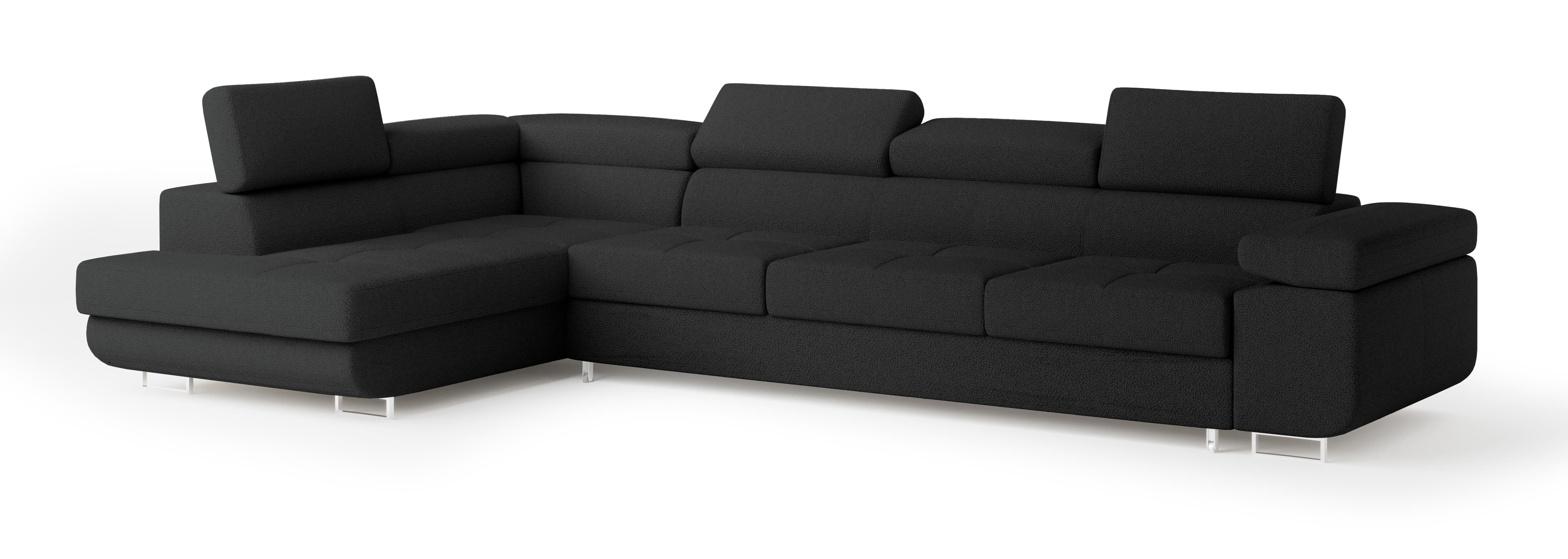 ECKSOFA VICENTE Schwarz Boucle-Stoff mit Schlaffunktion - Schwarz, Holz (346/202cm) - MASSENO