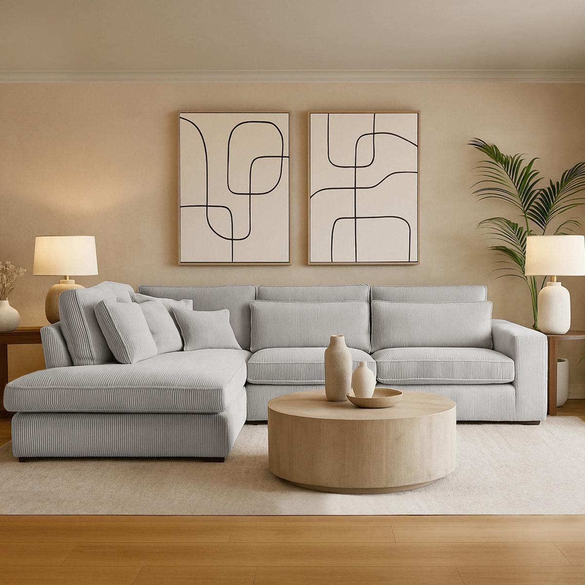 ECKSOFA Parma ohne Schlaffunktion, Cord-Stoff, Graubeige, Links - Hellgrau/Schwarz, Textil (314/224cm) - Beautysofa