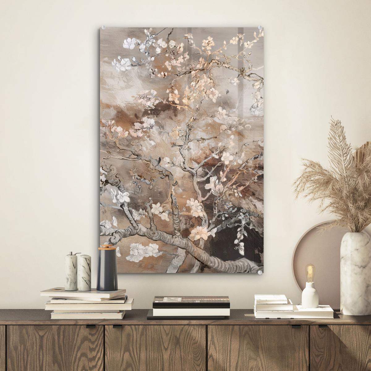 ACRYLGLASBILD Mandelblüte - Kunst - Van Gogh - Beige - Abstrakt Wanddeko Wohnzimmer 40x60 cm - Braun, Glas (40/60cm) - MuchoWow