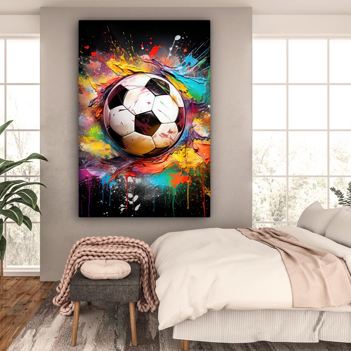 LEINWANDBILD Fußball - Farbe - Farben - Schwarz - Weiß Deko Groß 90x140 cm - Weiß, Textil (90/140cm) - MuchoWow