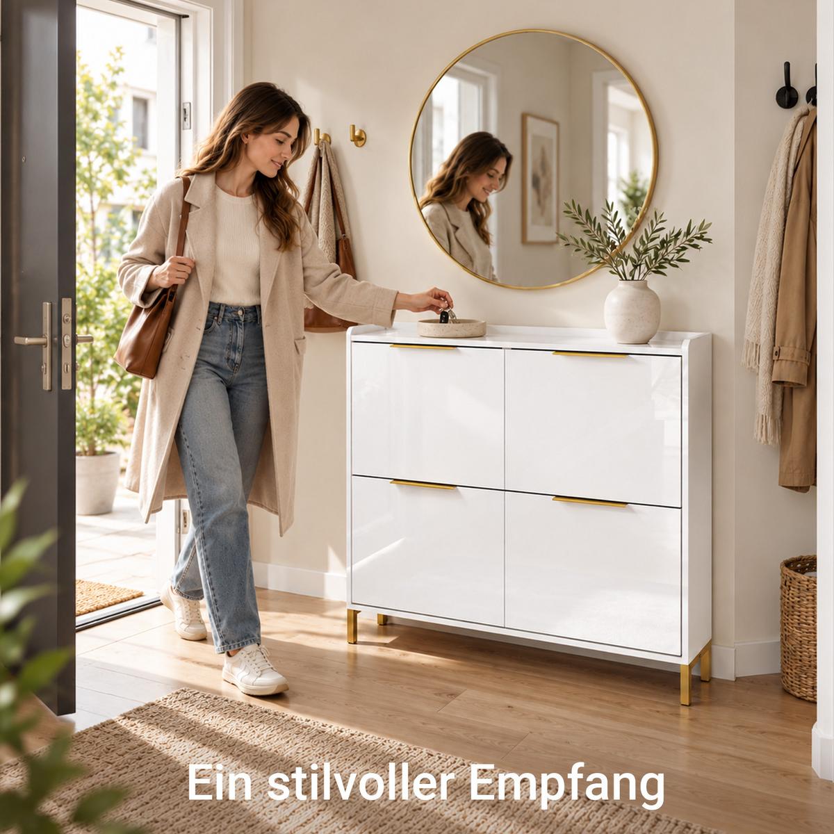 SCHUHSCHRANK weiß hochglanz, 100 x 88 x 19 cm, 4 Klappen für ca. 8 Paare bis EU 46, goldene Griffe und Füße - Weiß, Holzwerkstoff (100/90/19cm) - SoBuy