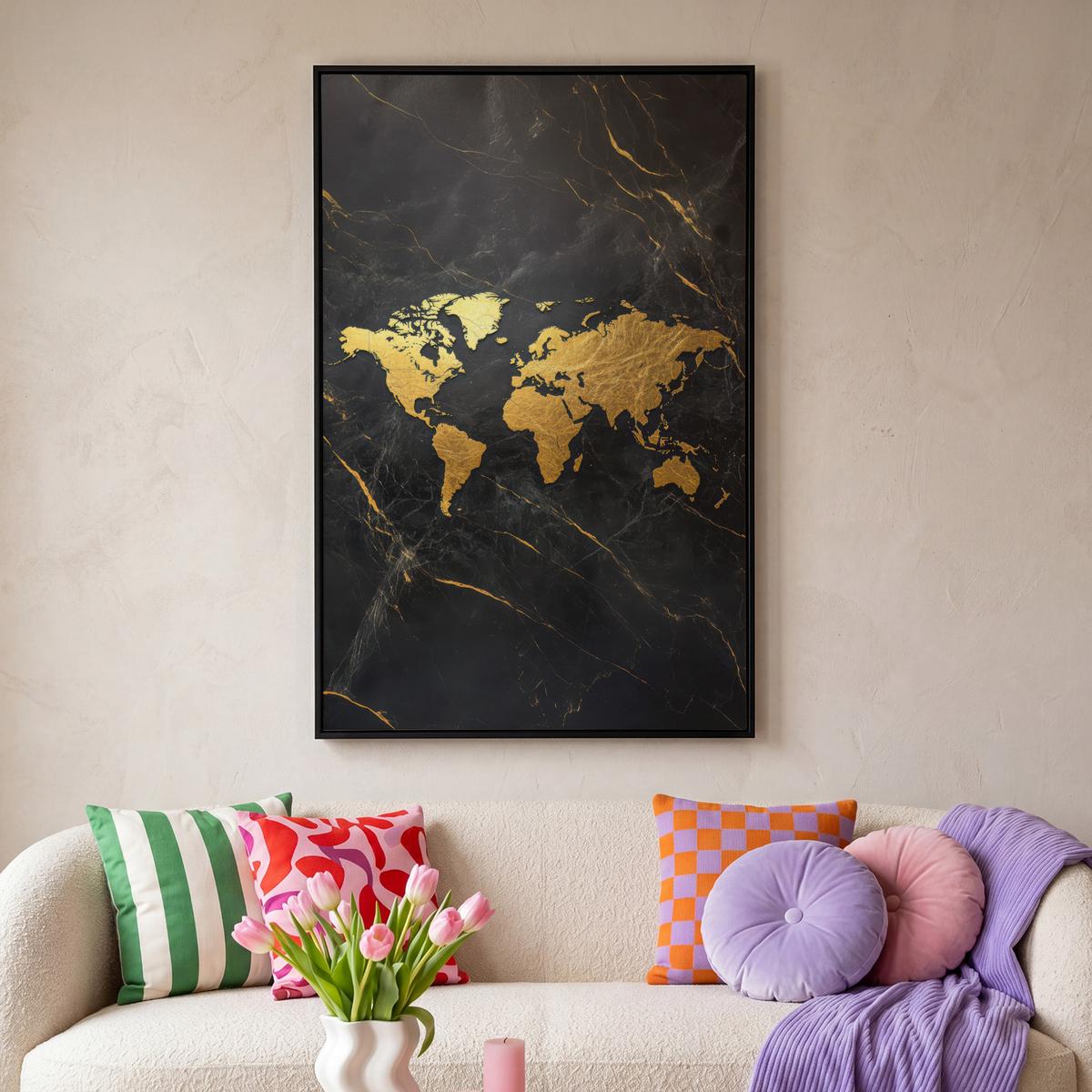 LEINWAND Bilder mit Rahmen - Weltkarte - Gold - Marmor - 100x150 - Goldfarben, Textil (100/150cm) - MuchoWow